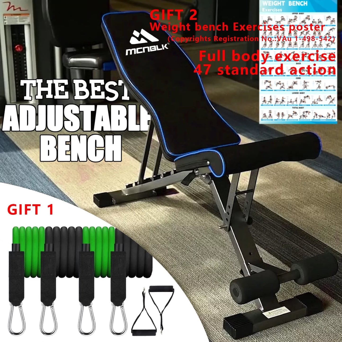 Adjustable Weight Bench,New Upgrade to 660Lb (300KG), Folding Weight Bench with Resistance Bands, Workout Bench Home Gym, Full Body Workout