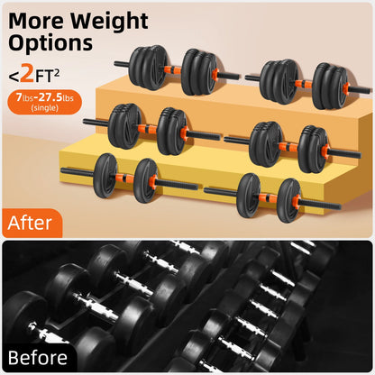 55 Lbs Adjustable Weight Dumbbell Set - Premium Home Gym Equipment with Dumbbell, Barbell, Kettlebell, Push-Up Modes, Orange