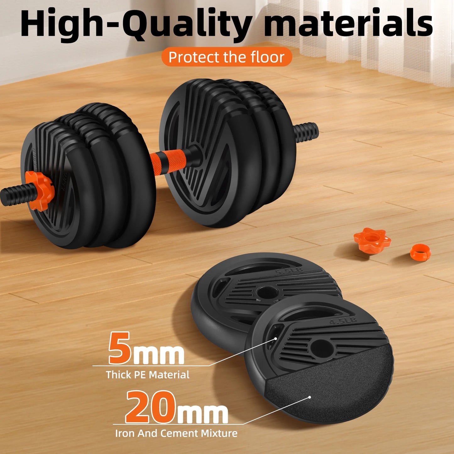 55 Lbs Adjustable Weight Dumbbell Set - Premium Home Gym Equipment with Dumbbell, Barbell, Kettlebell, Push-Up Modes, Orange