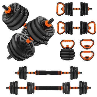 55 Lbs Adjustable Weight Dumbbell Set - Premium Home Gym Equipment with Dumbbell, Barbell, Kettlebell, Push-Up Modes, Orange